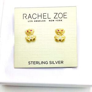 Rachel Zoe Gold and Red Eyed Bear Sterling Silver Earrings with CZ crystals